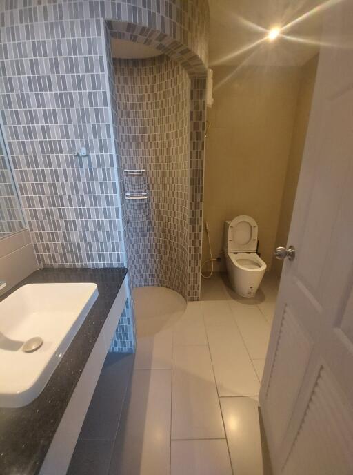 Modern bathroom with sink, toilet, and curved shower area