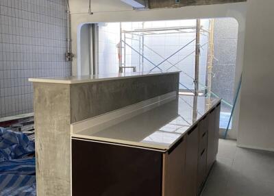 Contemporary kitchen under renovation with a breakfast bar and tiled walls