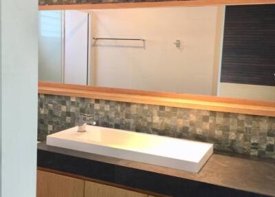 Modern bathroom with large sink and tiled backsplash