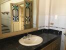 Bathroom with large mirror and sink