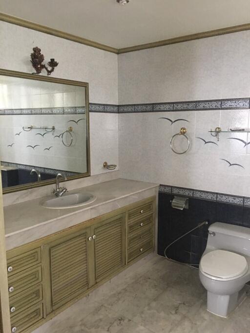 Bathroom with large mirror and wooden vanity