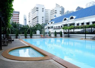 Outdoor pool area with view of surrounding buildings