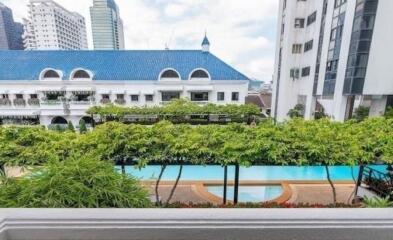 View of swimming pool and surrounding buildings