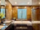 Spacious modern bathroom with bathtub and large mirror