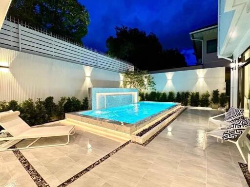 Modern backyard with illuminated swimming pool