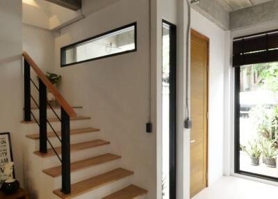 Modern entryway with stairs and natural light