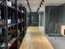 Modern storage room with shelving and wooden floor