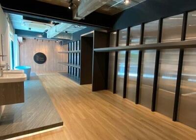 Modern office space with wooden flooring and open layout