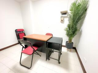 Small office space with a desk, chair, and plant