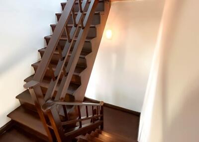 wooden staircase with dark finish