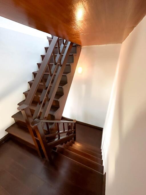 wooden staircase with dark finish