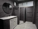 Modern black and white bathroom with spacious shower and vanity unit