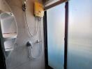 Modern bathroom with shower and frosted glass window