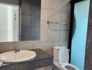 Modern bathroom with tiled walls, a sink with a large mirror, and a toilet