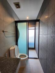 Modern bathroom with toilet and frosted glass door