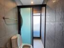 Modern bathroom with toilet and frosted glass door