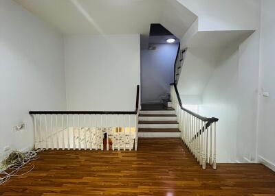 Stairway with wooden floor and white walls leading to an upper and lower level