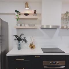 Modern kitchen with decorative shelves and appliances