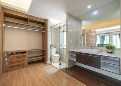 Modern bathroom with vanity, shower, and closet space