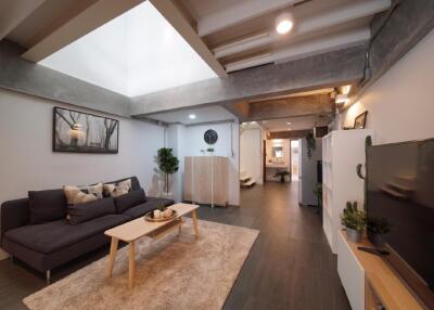 Modern living room with skylight, sofa, coffee table, and TV