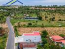 Aerial view of a building and its surrounding area