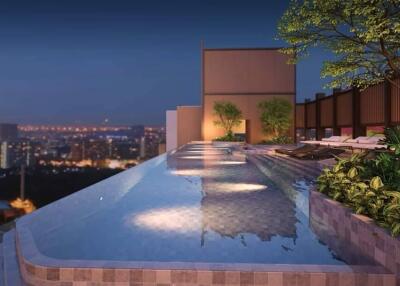 Rooftop infinity pool with city skyline view in the evening