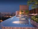 Rooftop infinity pool with city skyline view in the evening