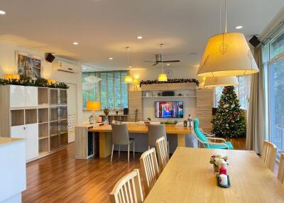 Main living space with dining area, TV, and Christmas decorations