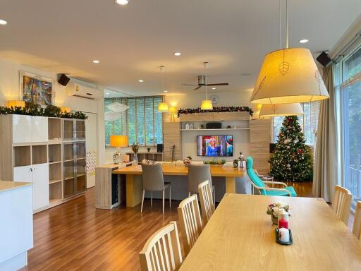 Main living space with dining area, TV, and Christmas decorations