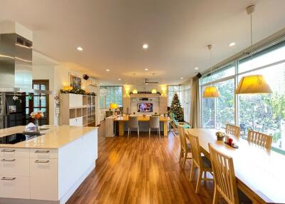 Spacious open-concept kitchen and dining area with hardwood flooring, large windows, and modern furnishings