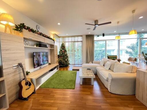 Spacious living room with Christmas decorations