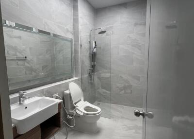 Modern bathroom with shower and skylight