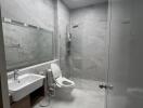 Modern bathroom with shower and skylight