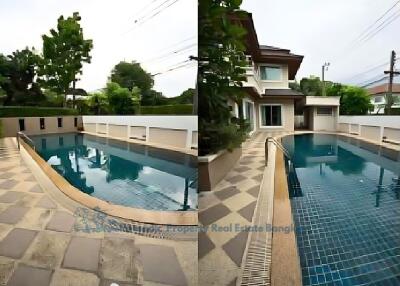 Outdoor swimming pool area with tiled flooring and surrounding greenery