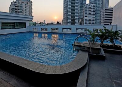 Rooftop swimming pool with city skyline view