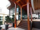 Modern terrace with wooden elements and large windows