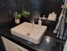 modern bathroom with black marble walls and white sink