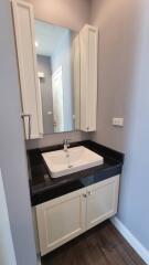 Bathroom sink with mirror and cabinets