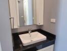 Bathroom sink with mirror and cabinets