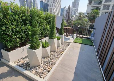 Outdoor terrace with plants and seating area in a high-rise city setting