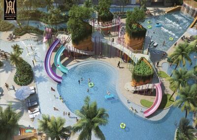 Resort-style swimming pool with slides and lounging areas