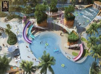 Resort-style swimming pool with slides and lounging areas