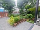 A well-maintained garden with various potted plants and greenery