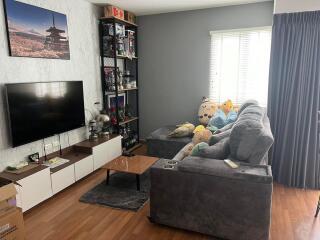 Living room with sofa, TV, and decorative items