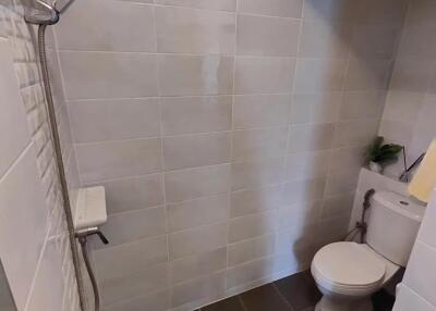 Modern tiled bathroom with shower and toilet