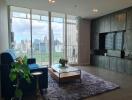 Modern living room with a large window and city view