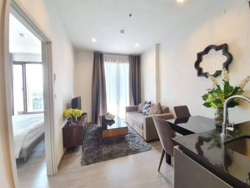 modern living room with a view of the bedroom and kitchen