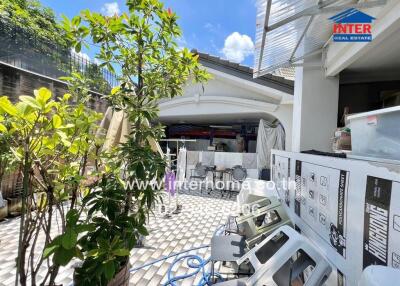 Outdoor area with various items and plants