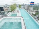 Rooftop swimming pool with city skyline view