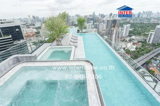 Rooftop swimming pool with city skyline view